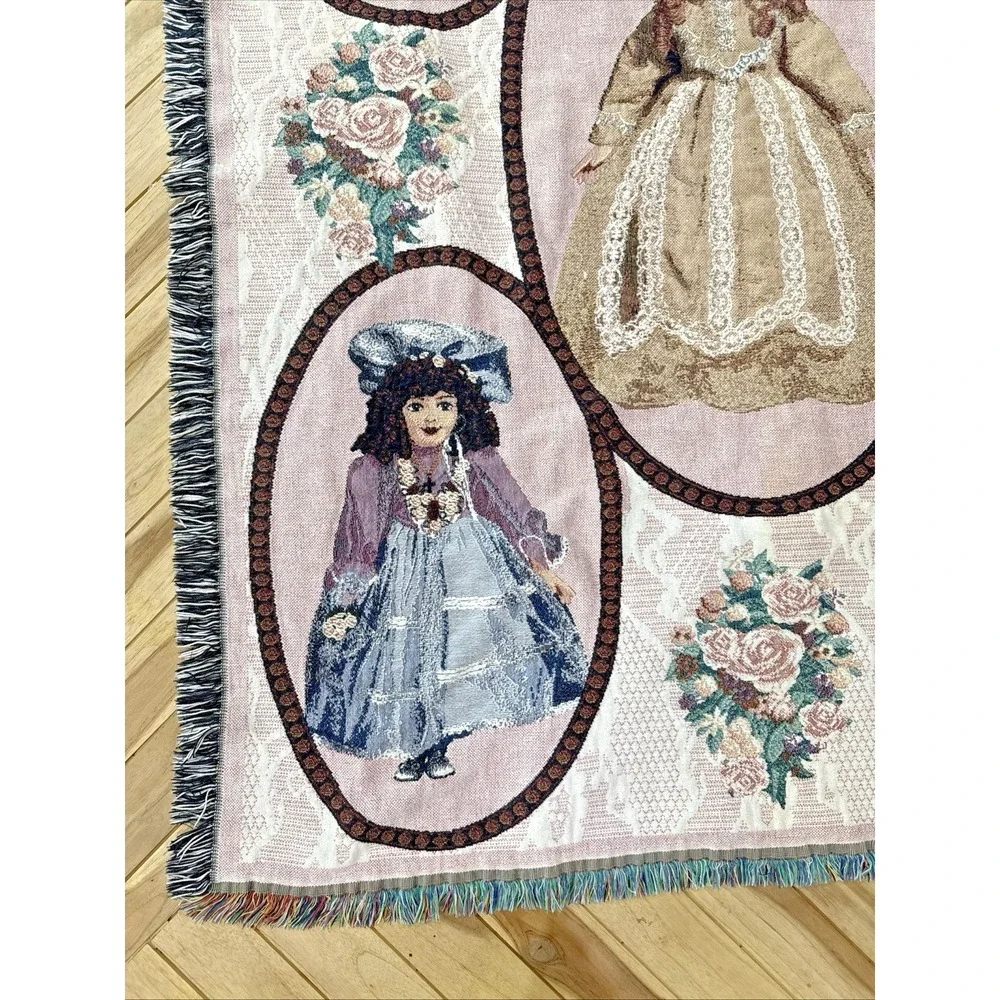 Vintage Victorian Porcelain Doll Woven Tapestry Throw Blanket Fringe 64x49